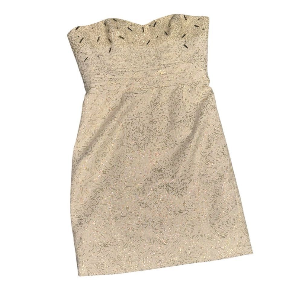 BADGLEY MISCHKA collection white & gold sparkly beaded strapless formal dress